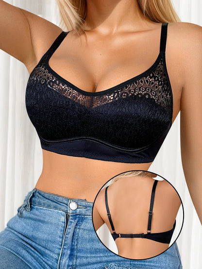 No steel ring Lace patchwork bra Black full cup women&