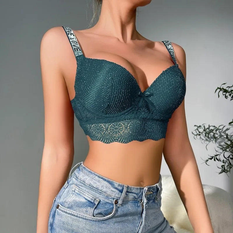 Beauwear Elegant Rhinestone Straps Scallop Trim Bra for women Contrast Lace Push Up Bras 80B 85B 90B 95B-137