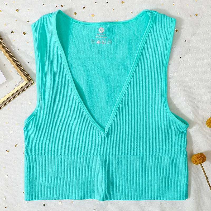 Women Crop Top Sports Bras Sexy Tank Top Female Seamless Underwear V-Neck Camisole Sexy Lingerie Solid Color Vest Top M-XL