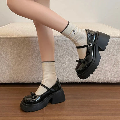 Japanese Style Bow Chunky Platform Pumps Women Ankle Buckle Thick Heels Mary Jane Shoes Woman Preppy High Heel Pu Leather Shoes