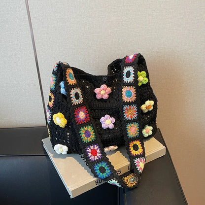 Dawndesslo Boho Crochet Bag Floral Knitted Handbag With Large Capacity