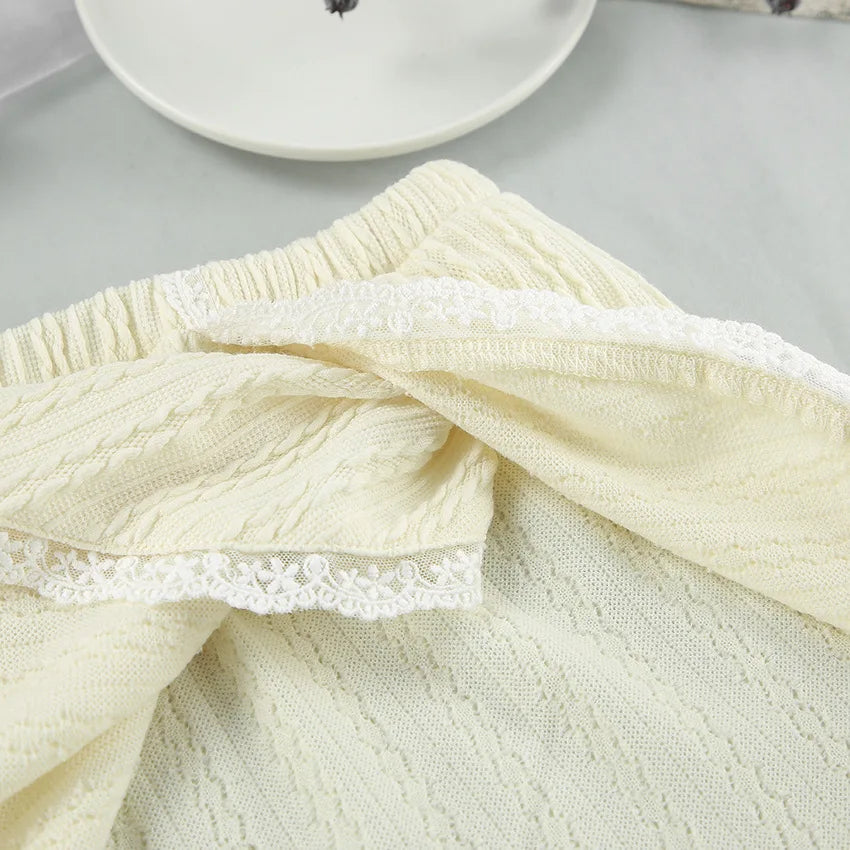 Lace Trim Ruffle Hem U-Neck Strap Cable Textured Cami &amp; Casual Shorts Loungewear Summer Pajamas Set Women Sleepwear