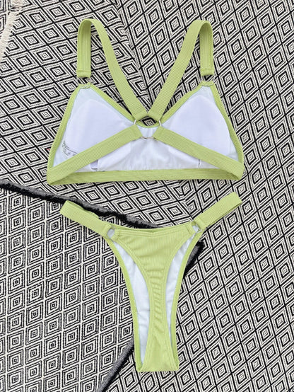 Sexy Ring Linked Backless Bikini Set Women Solid Black White Hollow Out Push Up Micro Swimsuit 2024 Bathing Suit Thong Swimwear