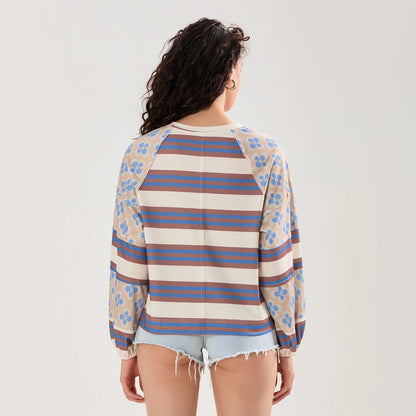 Loose Knitted Tops Women Contrast Color Stripe Floral Print Long Sleeve Pullovers Fall Winter Casual Jumpers