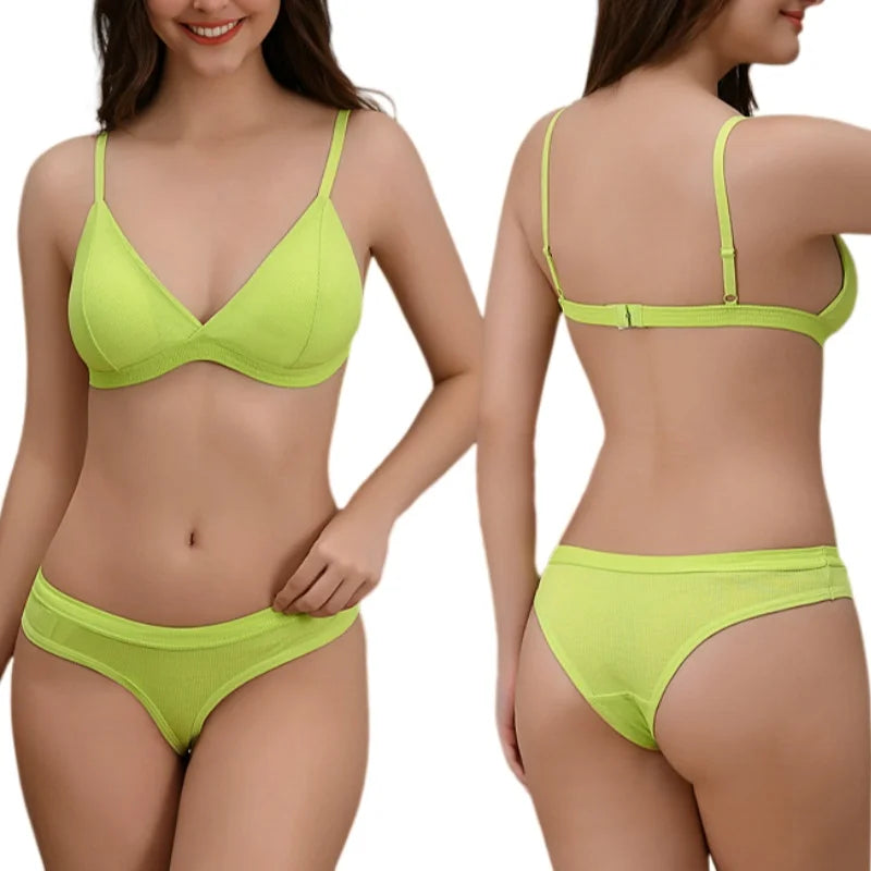 Women Bra and Panties Set Push Up Bralette Non-wire 1/3 Cup Bras Low Rise Thongs Sexy Lingerie Set Women Cotton Underwear