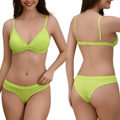 Women Cotton Bra and Panties Set Wireless Push-Up Bra Low-Waist Thongs G-string Sexy Lingerie Women&