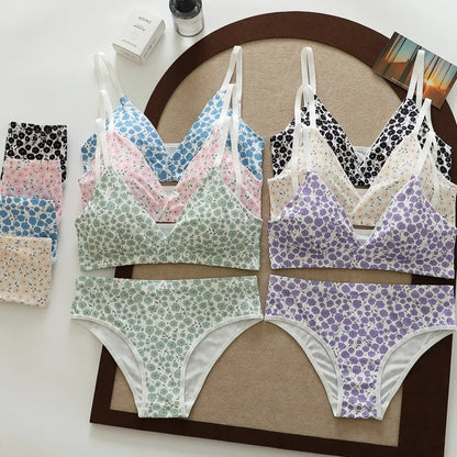 Women Floral Print Seamless Bra And Panties Set Low Waist Briefs Sexy Lingerie Set V-neck Sport Brassiere Female Underwear Set