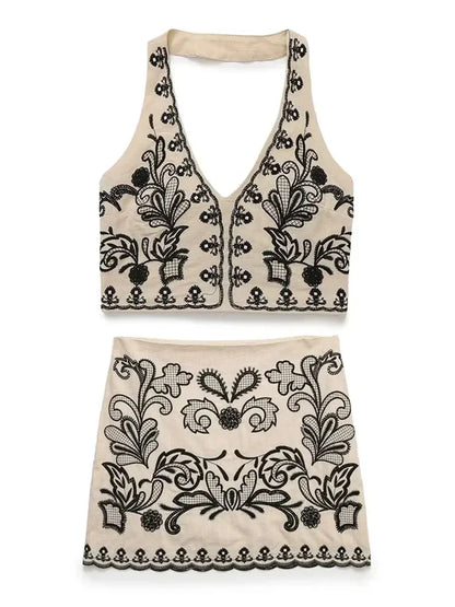 Foridol Floral Embroidery Summer Women Set Crop Top+mini Skirt Matching Set Casual Chic Halter Dress Set 2 Pcs Outfits Beach