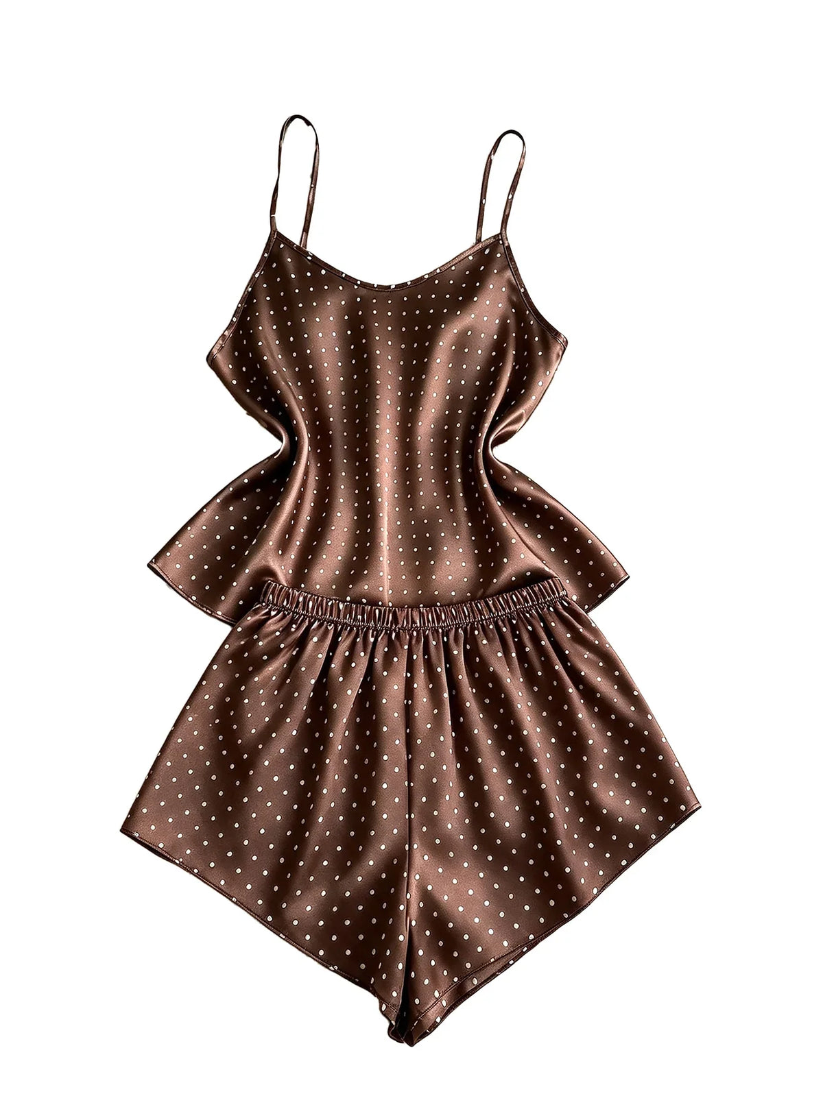 New Fashion Women Polka Dot Print Satin 2Pcs Pajama Set Elegant Round Neck Top Elastic Waist Shorts Ladies Home Sleepwear