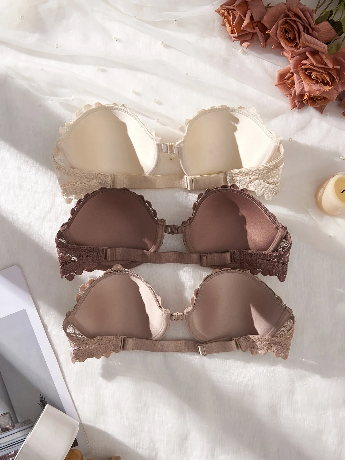 3Pcs Lace Women Strapless Bra Stylish Front Buckle Push up Bra Invisible Off-Shoulder Underwire Bras Women
