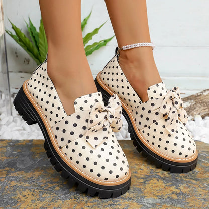 Women Polka‑Dot Bow Platform Loafers Round‑Toe Slip‑On Lug‑Sole PU Leather Contrast Stitching Vintage Casual Daily Shoes