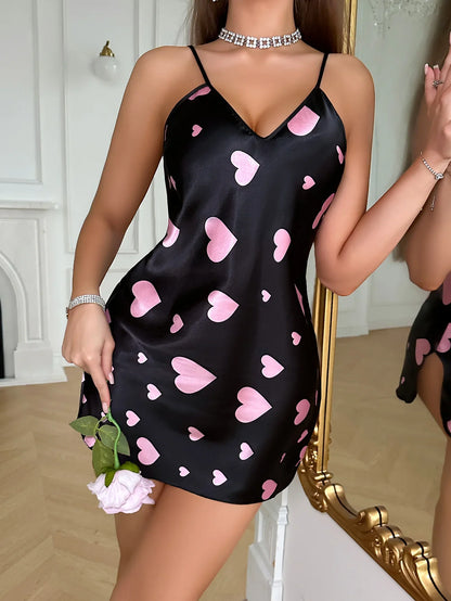 Heart Pattern Slip Night Dress Women V Neck Thin Spaghetti Straps Nightgown Fashionable and Comfortable Women&