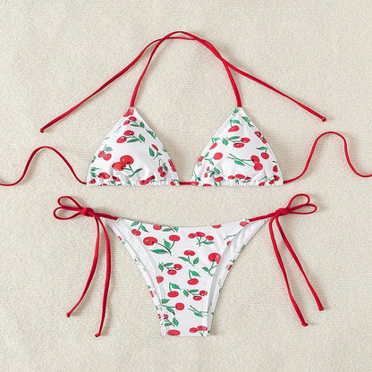 Sexy women cute cherry print halter string micro bikini sets two pieces swimsuit Swimwear bathing suit beach outfits biquini