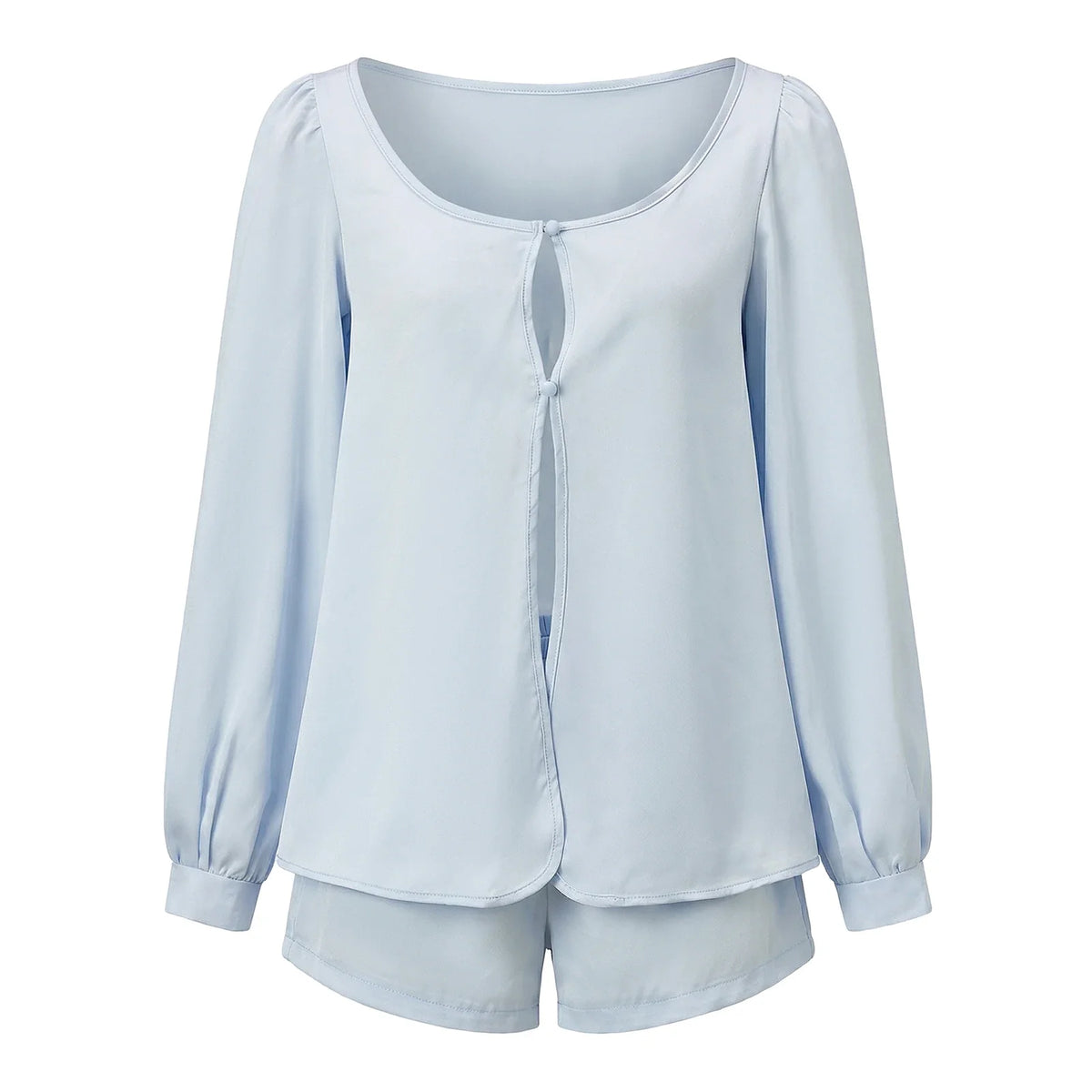 Women’s Casual 2 Piece Outfits Long Lantern Sleeve Button Down Tops + Shorts Set Solid Color Loose Suits