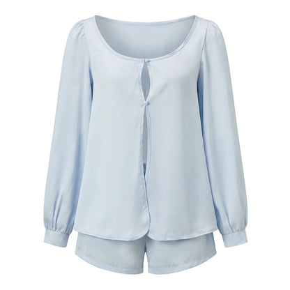 Women’s Casual 2 Piece Outfits Long Lantern Sleeve Button Down Tops + Shorts Set Solid Color Loose Suits