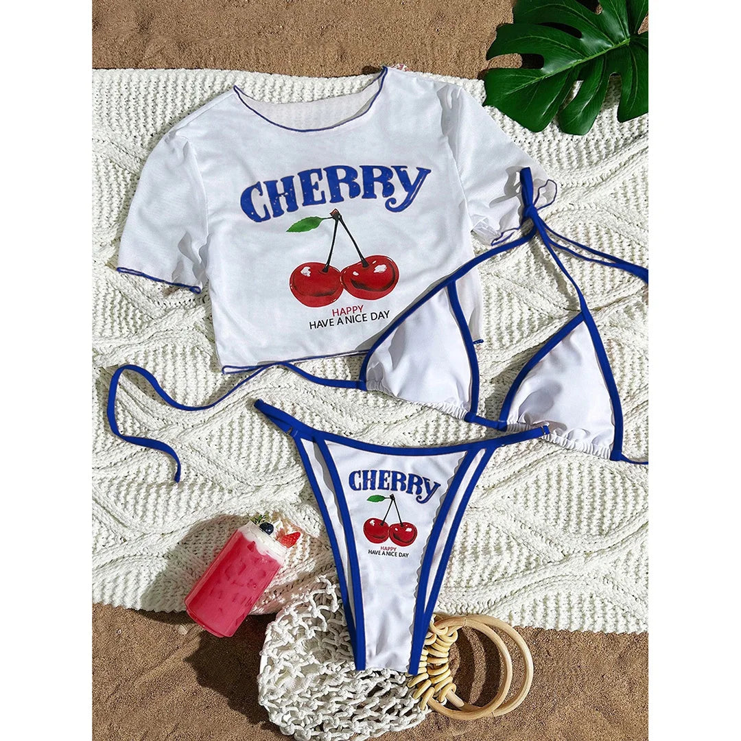 XS -XL Cherry Printed Short Sleeve Bikini Female Swimsuit Women Swimwear Three-pieces Bikini set Bather Bathing Suit Swim V6854