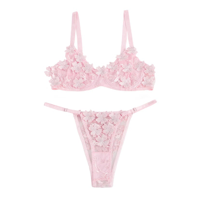 Blue Floral Lace Mesh Bra and Panties Set for Women Push Up Underwire Adjustable Straps Daily Sleepwear Romantic Fancy Lingerie
