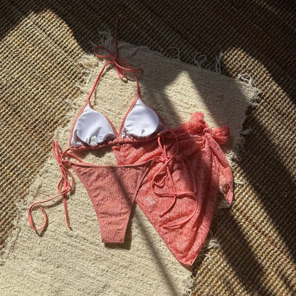 Mesh Sarong Lace Halter High Cut Bikini Female Swimsuit Women Swimwear Three-Pieces Bikini Set Bather Bathing Suit Swim V6284