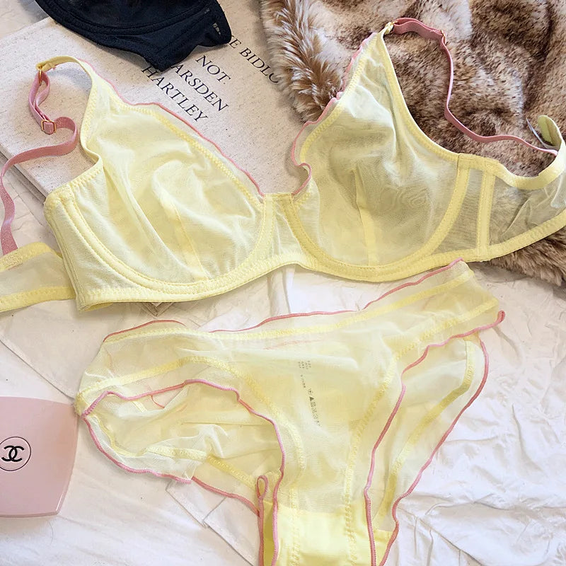 French Ultra Thin Bralette for Women Underwear Top Sexy Deep V Push Up Bra Set Summer Comfort Breathable Lingerie and Panties