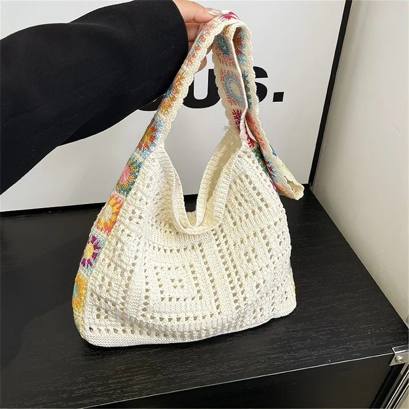 Dawndesslo Boho Crochet Bag Floral Knitted Handbag With Large Capacity