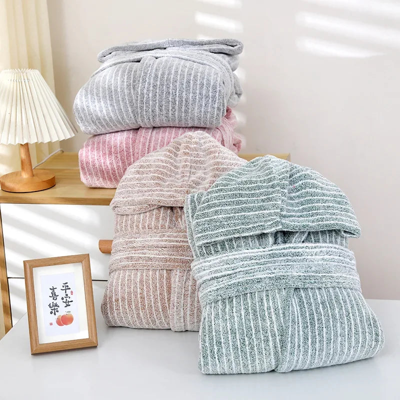1pcs Unisex Autumn Stripe Bathrobe Hooded Kimono Bath Robe Night Cozy Sleepwear Women Dressing Gown Home Clothes 2025 New