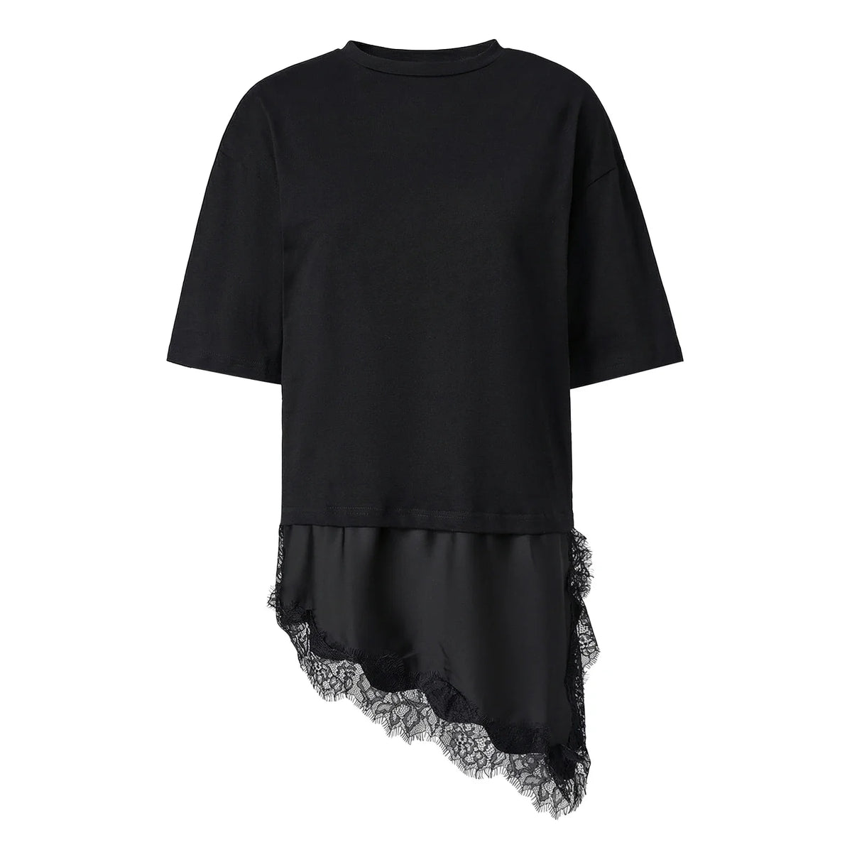 Women 3/4 Length Sleeve Crew Neck Casual Loose Fit Long Tops Summer Lace Patchwork Hem Solid Color T Shirts