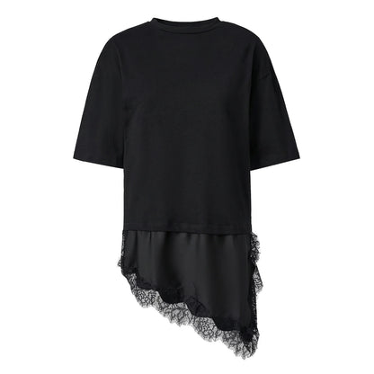 Women 3/4 Length Sleeve Crew Neck Casual Loose Fit Long Tops Summer Lace Patchwork Hem Solid Color T Shirts