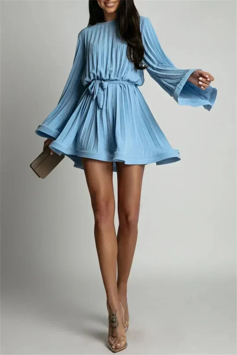 2025 Elegant Pleated Mini Dress - Flared Sleeve Lace-Up Summer Dress | Femstylo