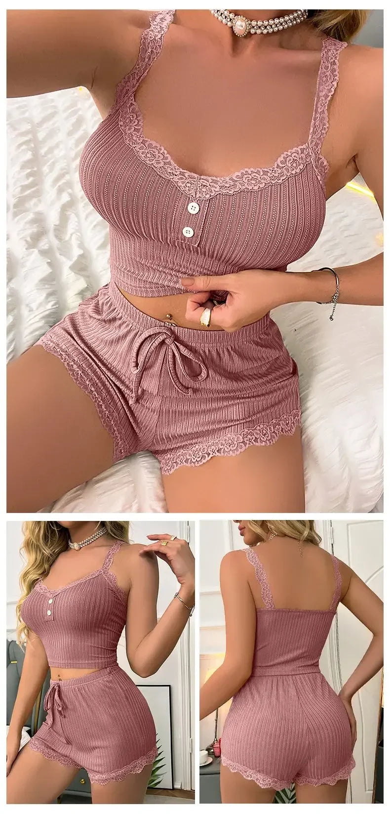 Women Sexy Pajama Set Ribbed Lace Trim Camisole Top &amp; Shorts Summer Sleepwear Two Piece Lounge Nightwear