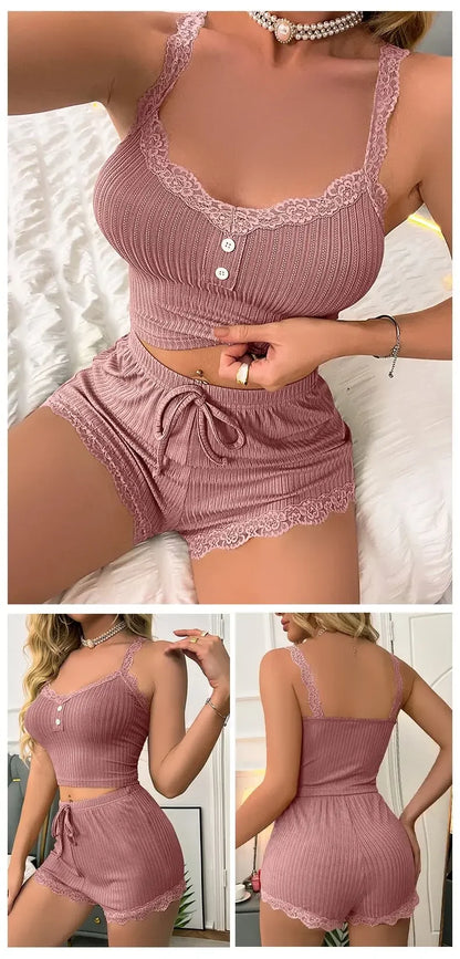 Women Sexy Pajama Set Ribbed Lace Trim Camisole Top &amp; Shorts Summer Sleepwear Two Piece Lounge Nightwear