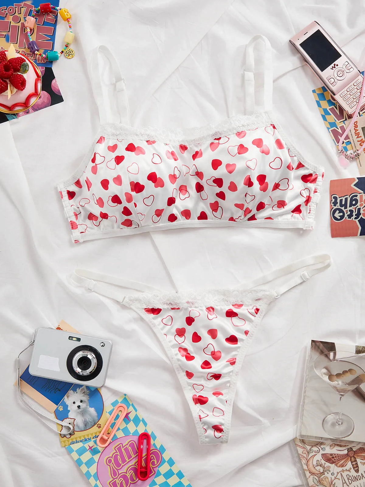 Women Heart Print Sexy Lingerie Set Lace Trim Wireless Bandeau Bra &amp; Adjustable Strap Thong Sexy Underwear