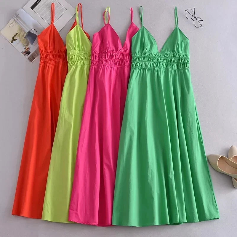 Foridol Elastic Smocking Green Cotton V Neck Summer Women&
