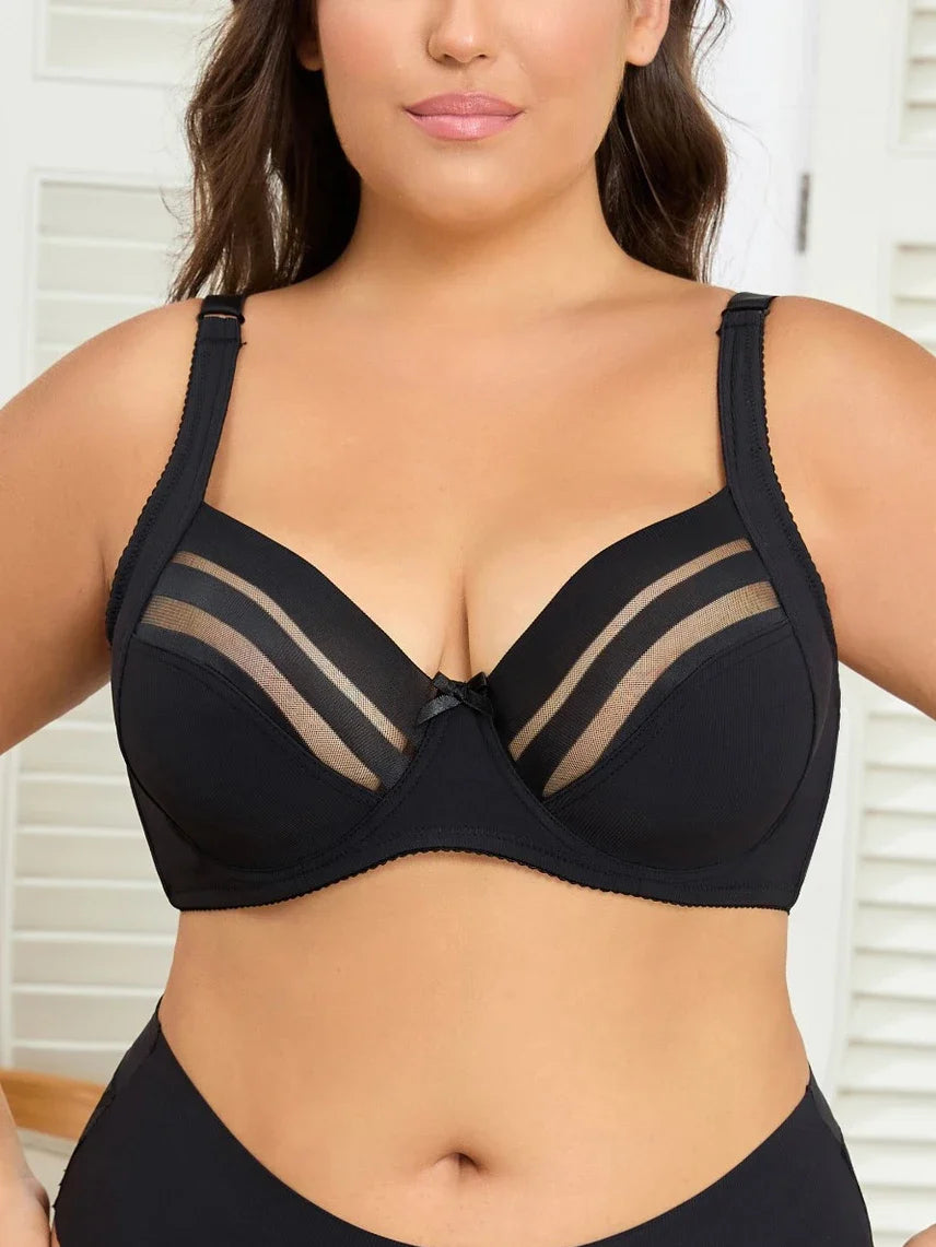 Plus Size Mesh Striped Underwire Bra Adjustable Shoulder Strap 3 Hooks Back Closure Full Coverage Support Bra