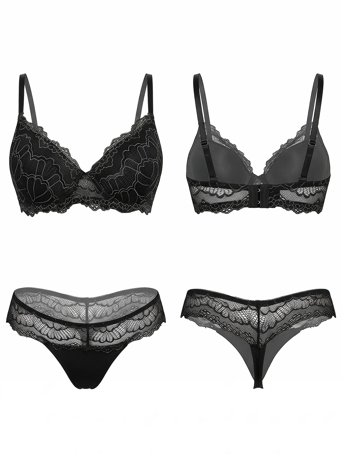 Women Black Lace Bra Set Sexy Floral 3/4 Cup Push Up Padded Lingerie Set Bralette and Panty Set B6116