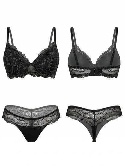 Women Black Lace Bra Set Sexy Floral 3/4 Cup Push Up Padded Lingerie Set Bralette and Panty Set B6116