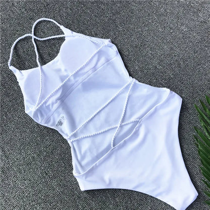 DEKA Women Solid Backless One Piece Swimsuit Sexy Bandage Swimwear Monokini High Cut Bathing Suit Swim Bodysuit