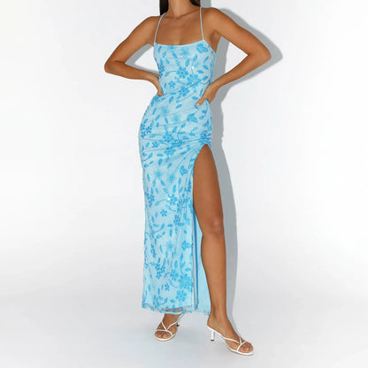 Women Summer Glitter Sequin Beaded Flower Cami Dress Slim High Split Spaghetti Strap Open Back Long Dresses for Party Club
