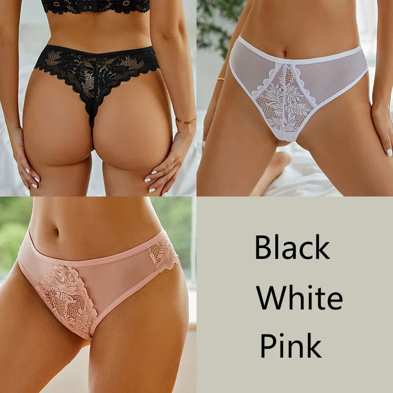 3-Piece Lace Thong Set for Women — Sexy Low-Rise G-String Panties