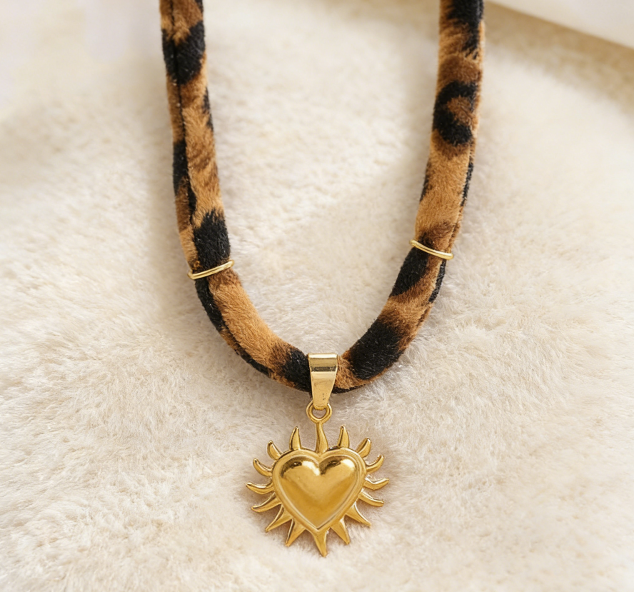 Leopard Print Ribbon Necklace with Sun &amp; Gecko Charms