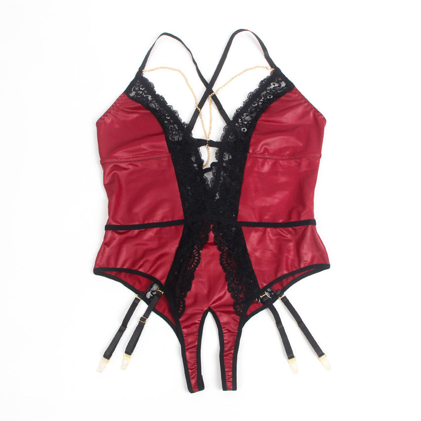 Burgundy Faux Leather Teddy Lingerie
