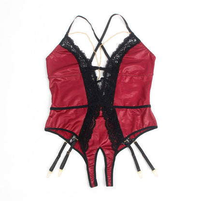 Burgundy Faux Leather Teddy Lingerie