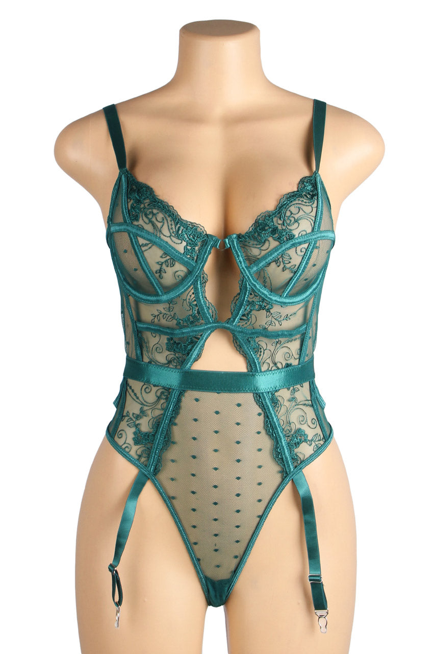 Embroidered Lace Hollow Cut Teddy Lingerie