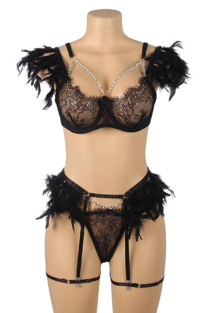 Feather Lace Chain Lingerie Bra Set