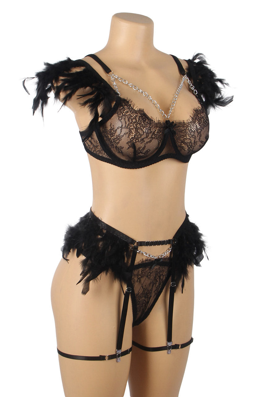 Feather Lace Chain Lingerie Bra Set