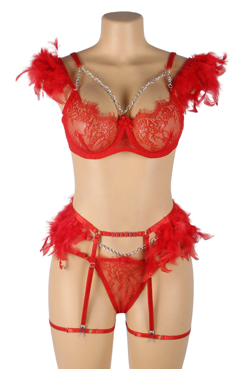 Feather Lace Chain Lingerie Bra Set