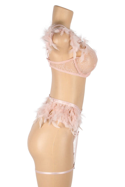Feather Lace Chain Lingerie Bra Set