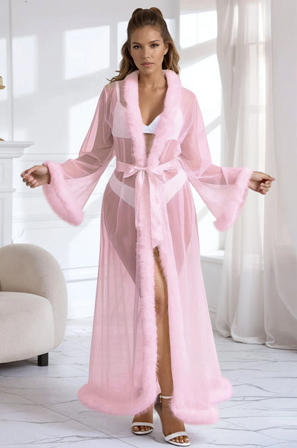 Sexy Mesh and Faux Fur Trim Robe