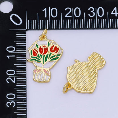 24K Gold Filled 15mm Red Rose Flower Bouquet Enamel Charm | AH642