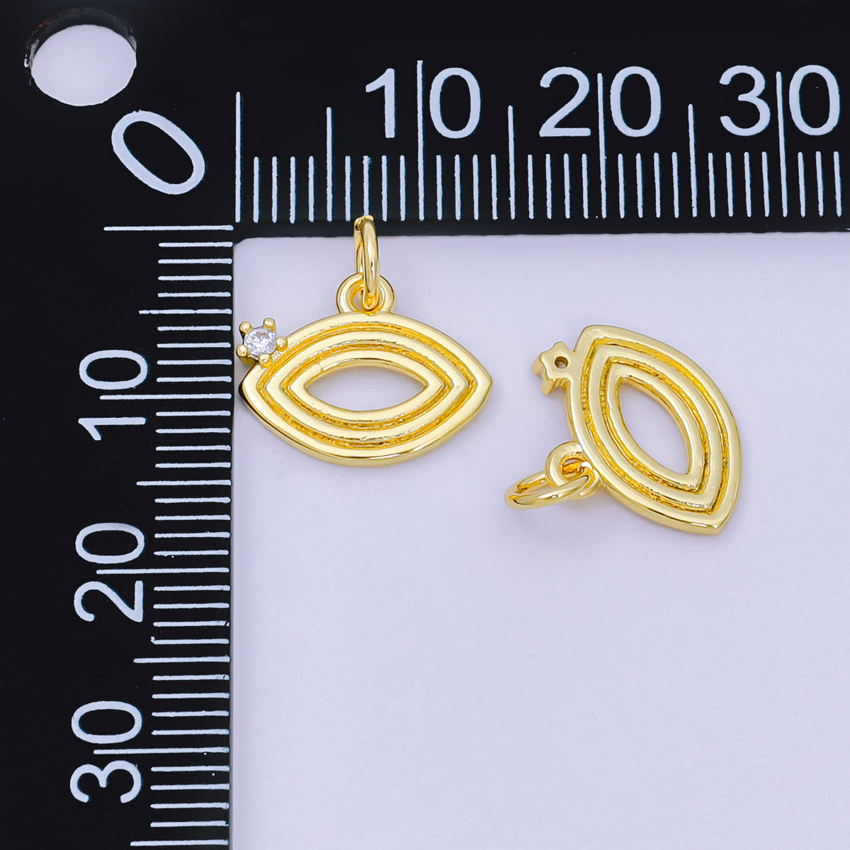 24K Gold Filled 11mm Clear CZ Open Ribbed Navette Geometric Charm | AH640