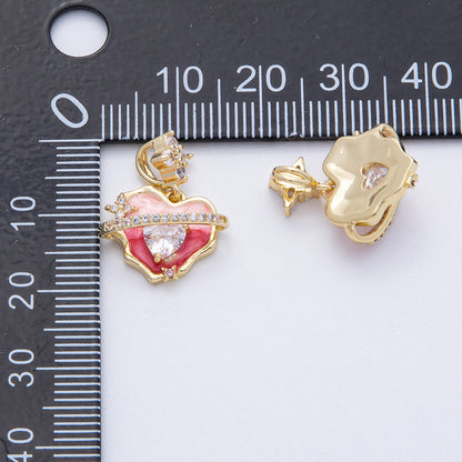 18K Gold Filled 12.5mm Pink Enamel Micro Paved CZ Heart Space Galaxy Pendant | AF1213